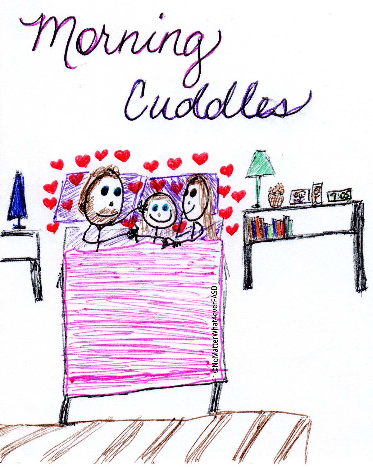 Drawing of a father child and mother snuggling in bed with the words "morning cuddles" scripted at the top of the page